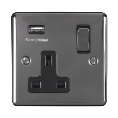 1 Gang 13Amp Switched Socket With Comb 3.1 Amp Usb Outlets Satin Enhance Range Black Trim