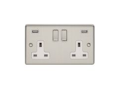 2 Gang 13Amp Switched Socket With Comb 3.1 Amp Usb Outlets Polished Chrome Enhance Range White Trim