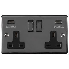 2 Gang 13Amp Switched Socket With Comb 3.1 Amp Usb Outlets Satin Enhance Range Black Trim