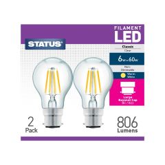 Led 6W 60W 806 Lum - A60 Gls Clear Warm White - Bc - 2 Pack