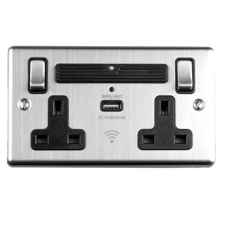 13A 2 Gang Sp Switched Socket Wi-Fi Extender + 1X2.4A Usb Charger Satin Stainless Steel Black Trim